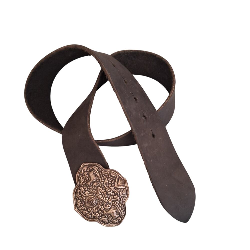 Women's Black Leather Belt Decorative Brass Buckle Boho Gypsy Hippie